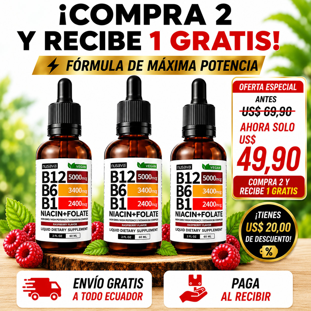 3 Frascos VITAL B12 + Fórmula de Máxima Potencia Vitamina B12 • B6 • B1 • Niacina • Ácido Fólico