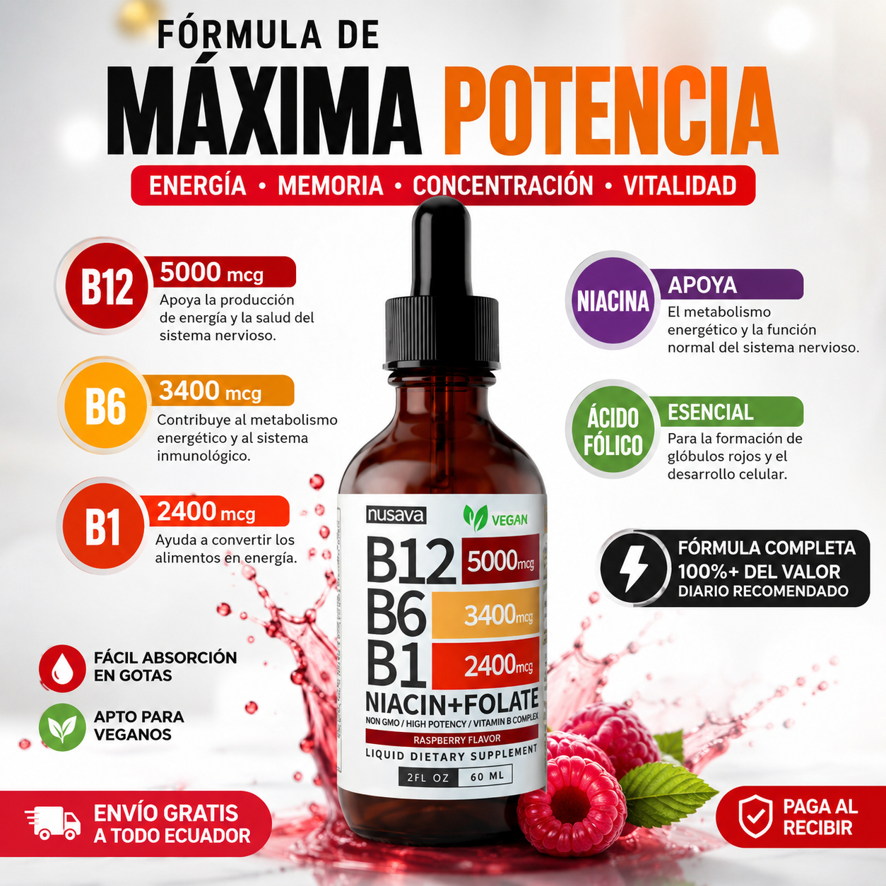 VITAL B12+ Fórmula de Máxima Potencia Vitamina B12 • B6 • B1 • Niacina • Ácido Fólico